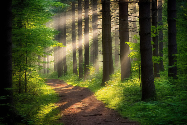 Potecă prin pădure, lumină caldă printre frunze